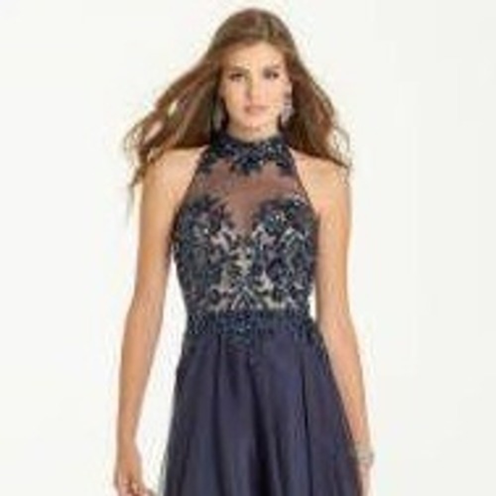 Dave & Johnny Midnight Blue Illusion Halter Floor Length Evening Formal Gown 12